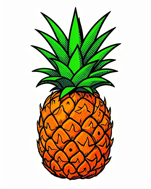 Bold pop art illustration of a whole pineapple with halftone dot shading against a plain background