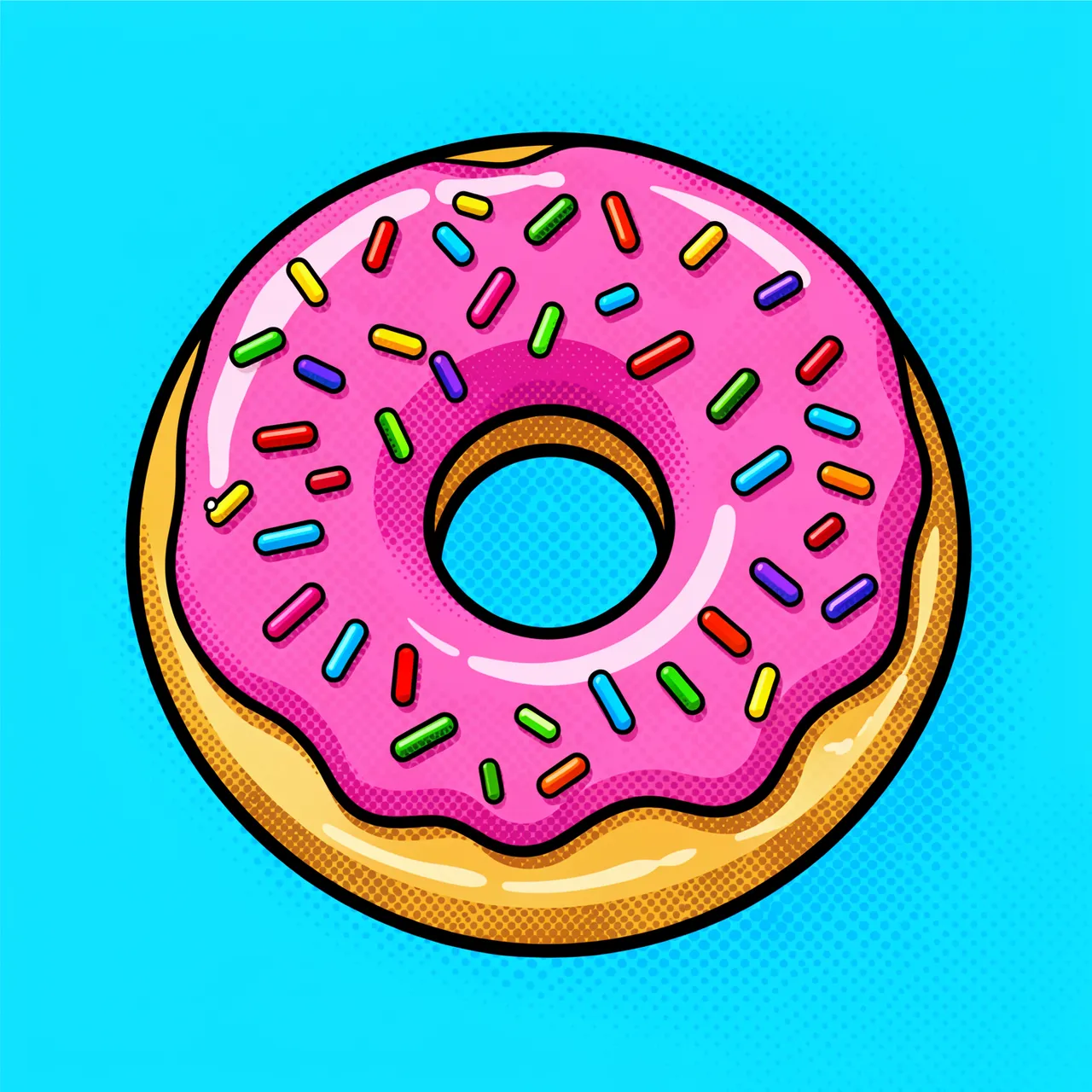 Pop art illustration of a glazed pink sprinkled donut against a halftone sky blue background