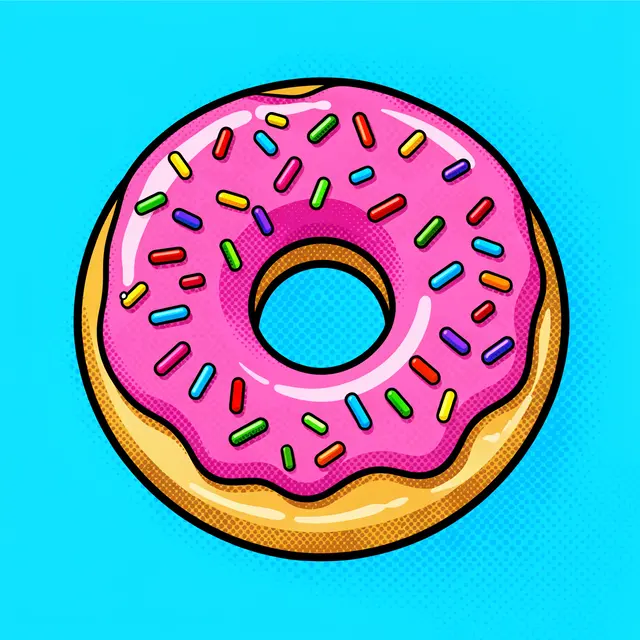 Pop art illustration of a glazed pink sprinkled donut against a halftone sky blue background