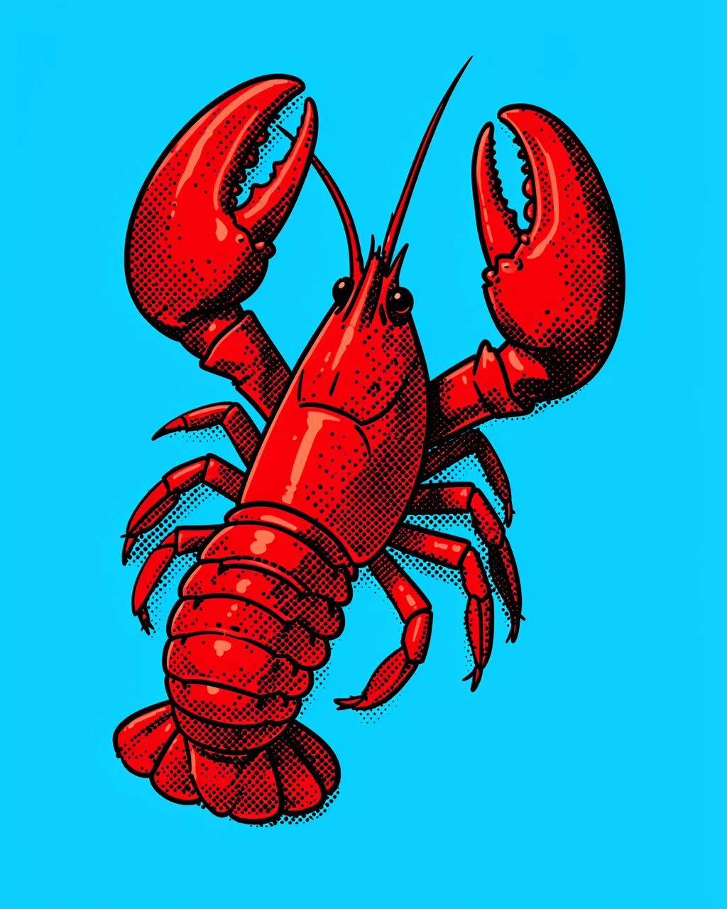 Bold pop art illustration of a red lobster with large claws on a solid bright blue background with halftone dot shading