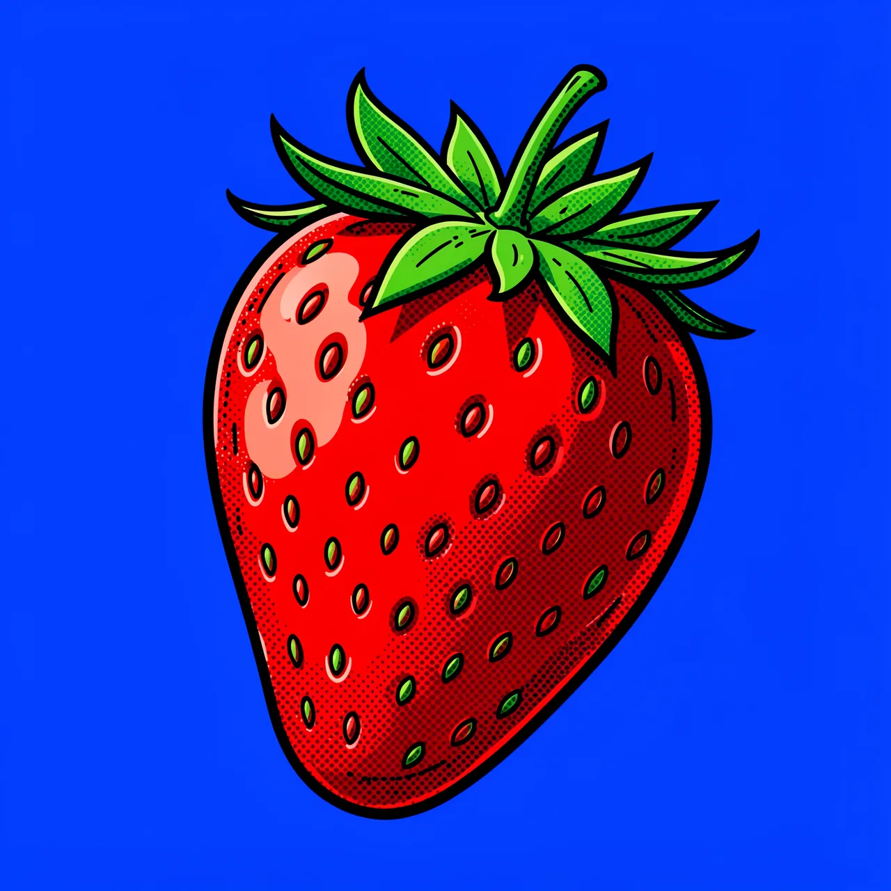A bold pop art illustration of a ripe red strawberry set against a solid cobalt blue background