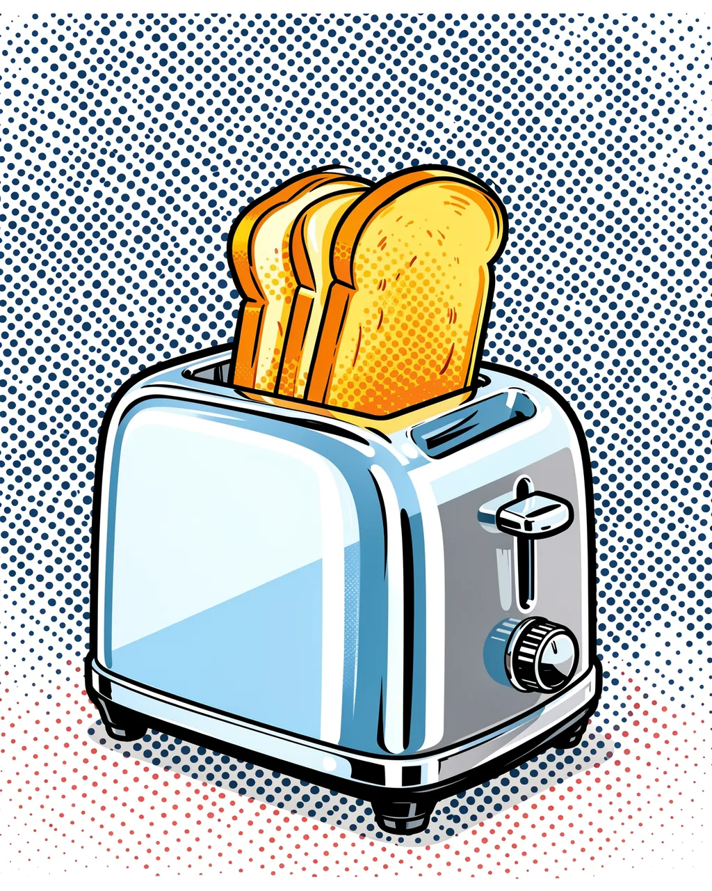 Chrome retro toaster pops golden toast against a halftone dot pop art background