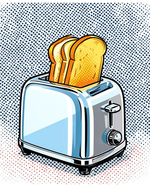 Chrome retro toaster pops golden toast against a halftone dot pop art background