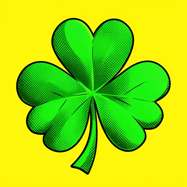 Bright green pop art shamrock with halftone shading set against a solid yellow background