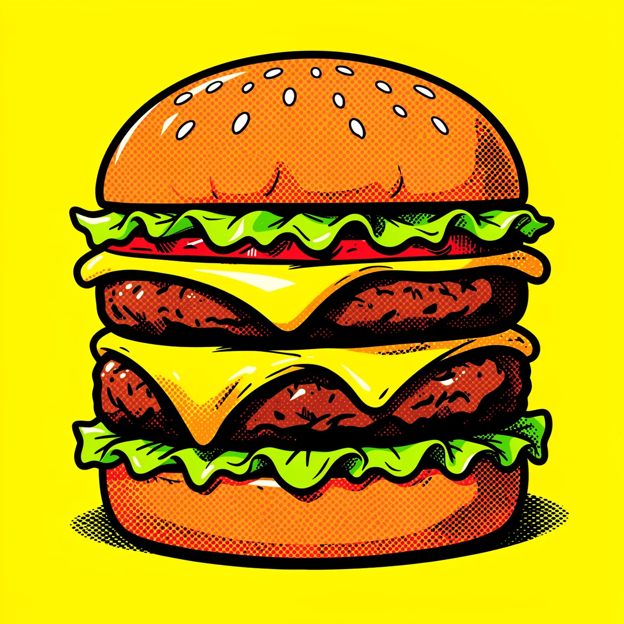 Vibrant pop art illustration of a double cheeseburger with melting cheese on a solid yellow background