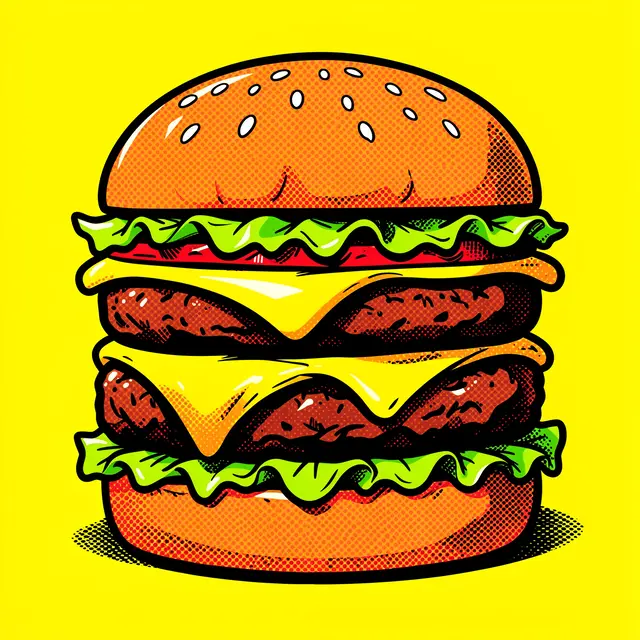 Vibrant pop art illustration of a double cheeseburger with melting cheese on a solid yellow background
