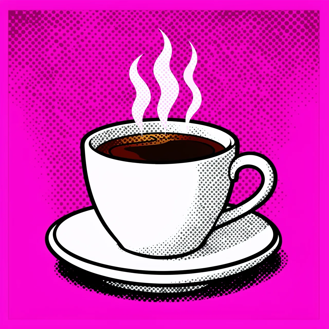 Bold halftone pop art illustration of a steaming white coffee cup on a saucer against a bright hot pink background