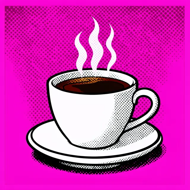 Bold halftone pop art illustration of a steaming white coffee cup on a saucer against a bright hot pink background