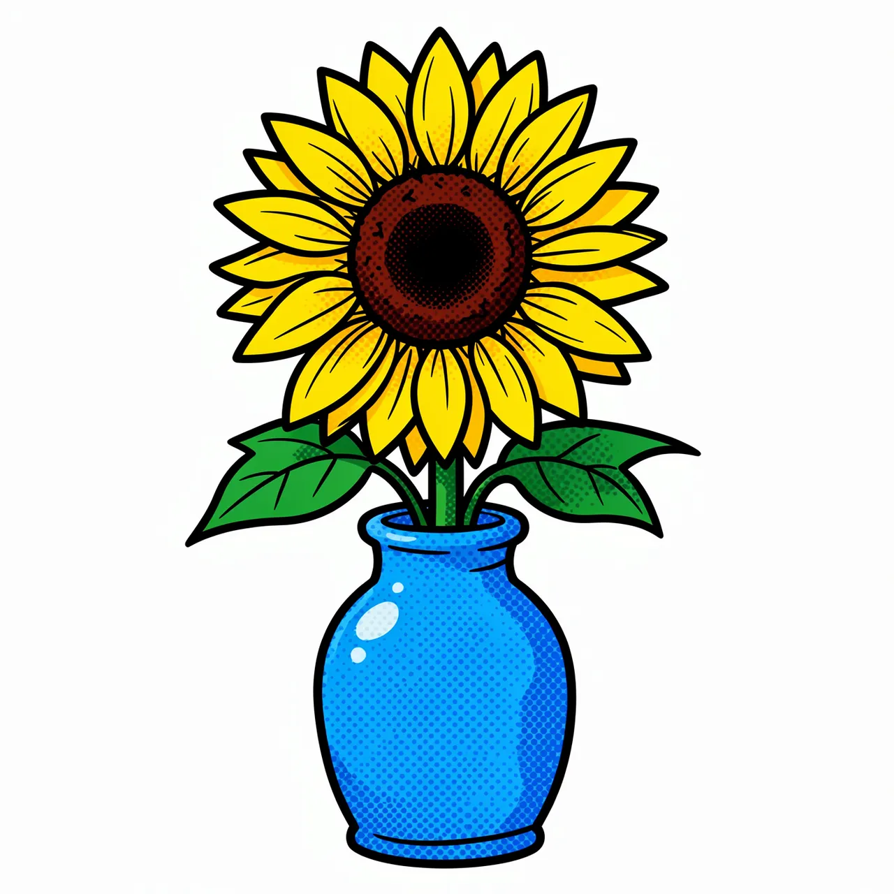 A pop art illustration of a sunflower in a bright blue vase with thick black outlines and halftone shading