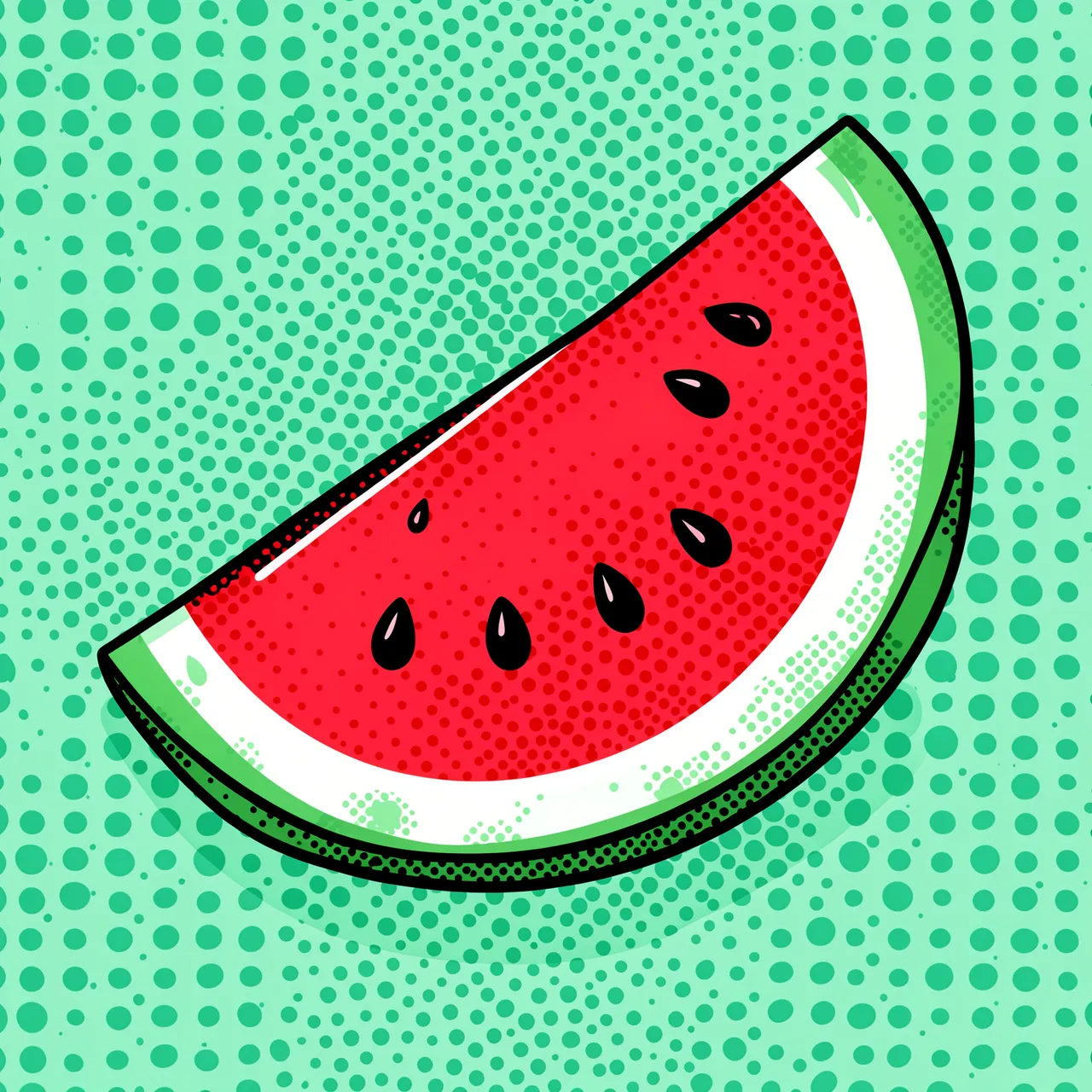 A stylized pop art watermelon slice with black seeds sits on a mint green halftone background