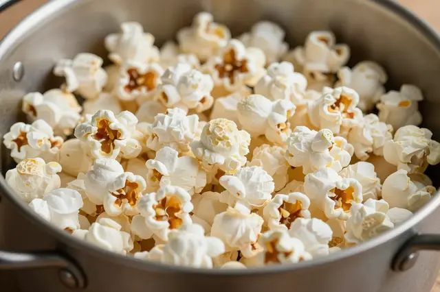 Freshly popped white popcorn fills the interior of a stainless steel cooking pot.