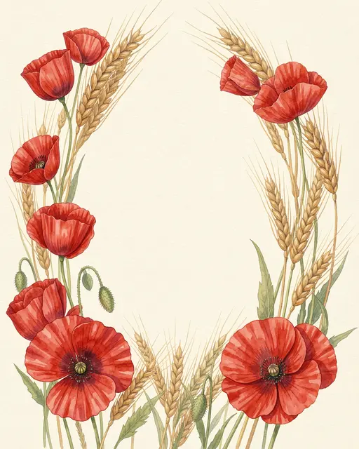 Watercolor illustration of scarlet poppies and ripe wheat arranged in a frame on warm cream paper with an empty central copy