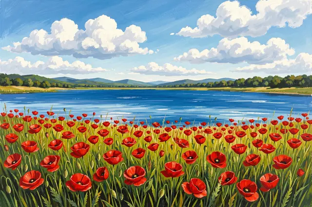 Gouache painting of a vibrant red poppy field beside a calm blue lake under a cloudy summer sky