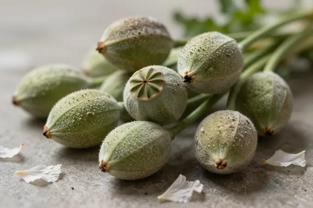 A cluster of fuzzy green poppy seed pods rests with scattered fallen petals on a neutral textured surface in soft diffused