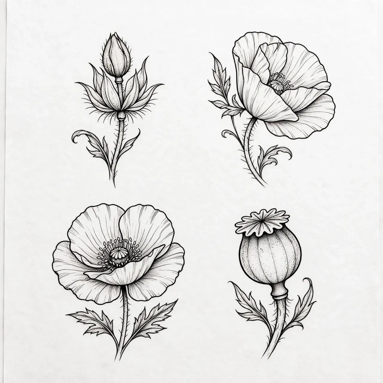 Black ink line art of four poppy designs: bud, half-open bloom, full bloom, and seed head on off-white paper