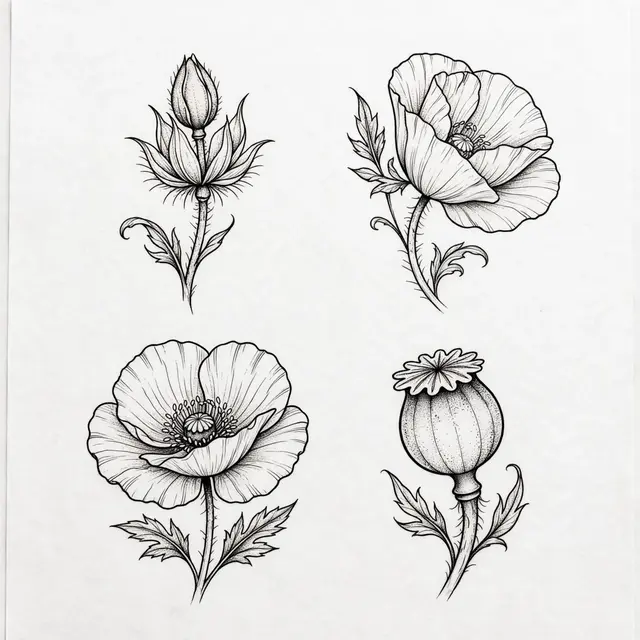 Black ink line art of four poppy designs: bud, half-open bloom, full bloom, and seed head on off-white paper