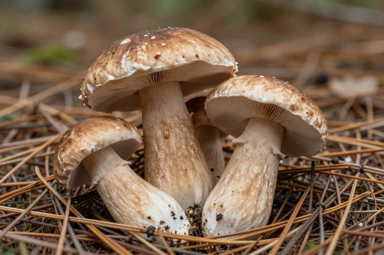 Three plump wild mushrooms grow clustered together on a bed of dry pine needles