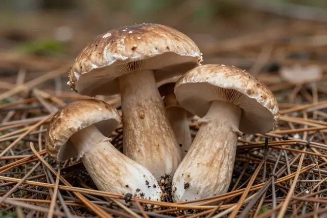 Three plump wild mushrooms grow clustered together on a bed of dry pine needles