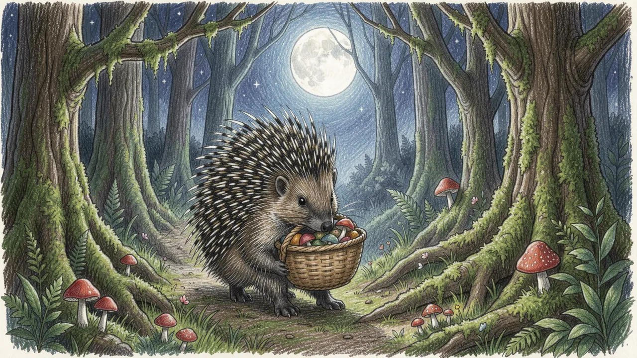 Colored pencil illustration of a porcupine holding a mushroom basket on a moonlit forest path