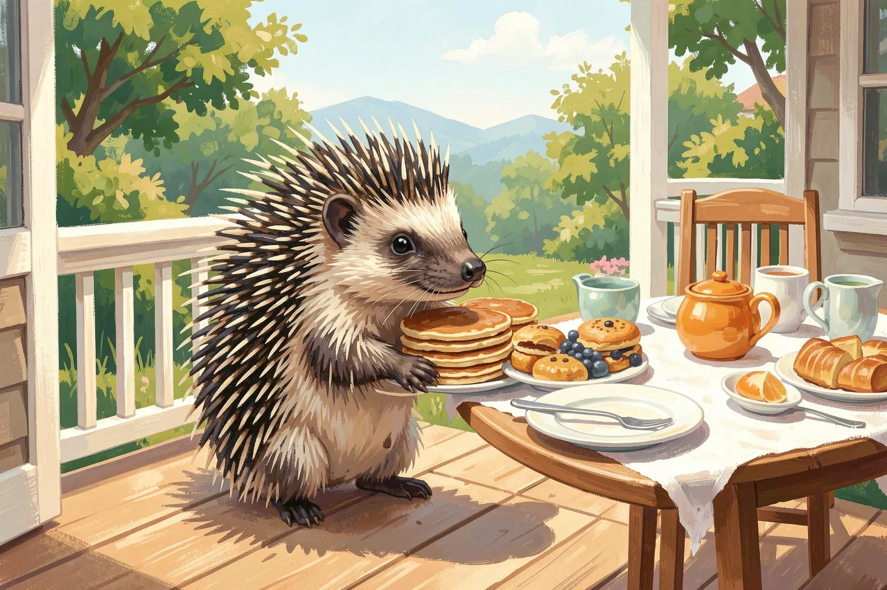 A cute gouache illustrated porcupine holds a stack of pancakes beside a breakfast table on a sunny home porch.