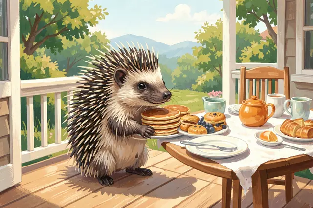 A cute gouache illustrated porcupine holds a stack of pancakes beside a breakfast table on a sunny home porch.