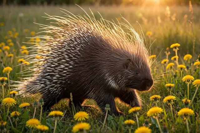 A porcupine waddles through a dandelion meadow backlit by warm low evening sun