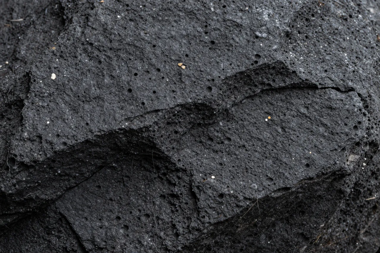 Close-up view of the rough, pitted surface of dark porous basalt rock