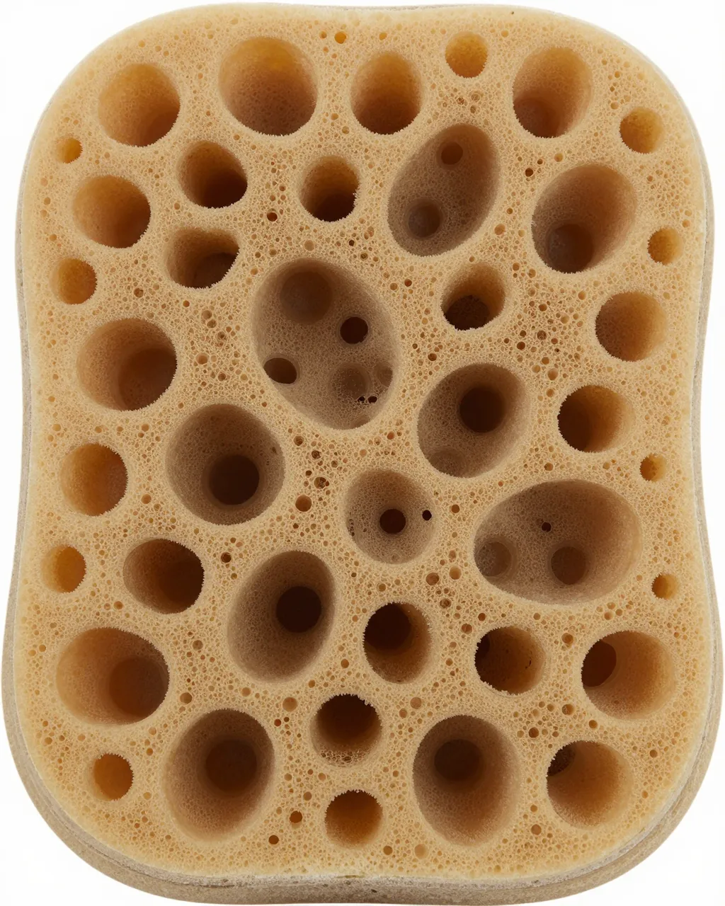 Close-up full frame of a warm tan porous natural sea sponge with irregular sized holes