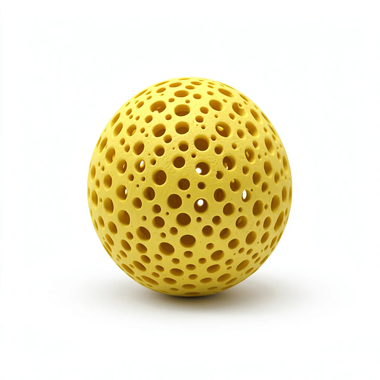 A lemon yellow porous spherical form rests on a plain white background casting a soft subtle shadow below it