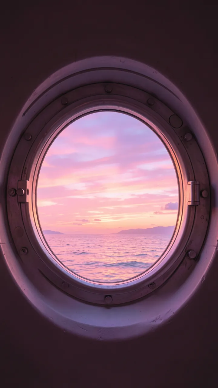 A round ship porthole frames a glowing pastel pink and purple sunset over calm sea
