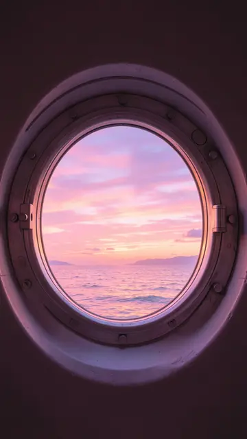 A round ship porthole frames a glowing pastel pink and purple sunset over calm sea