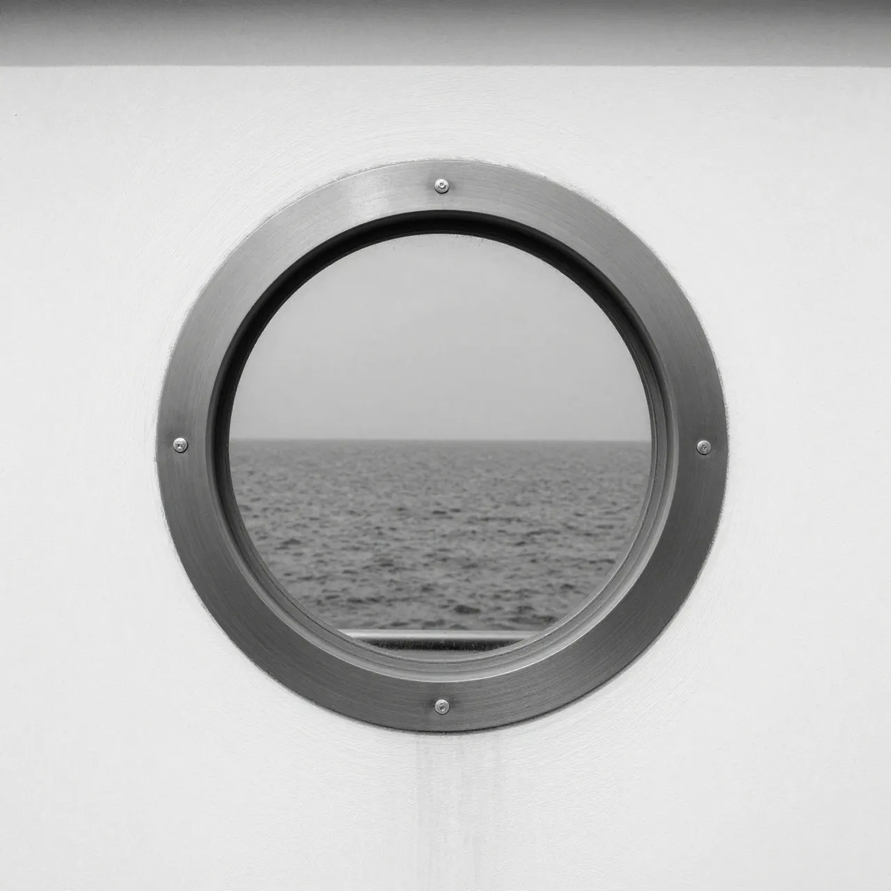 Black and white view through a circular metal porthole of calm open sea beyond a white wall
