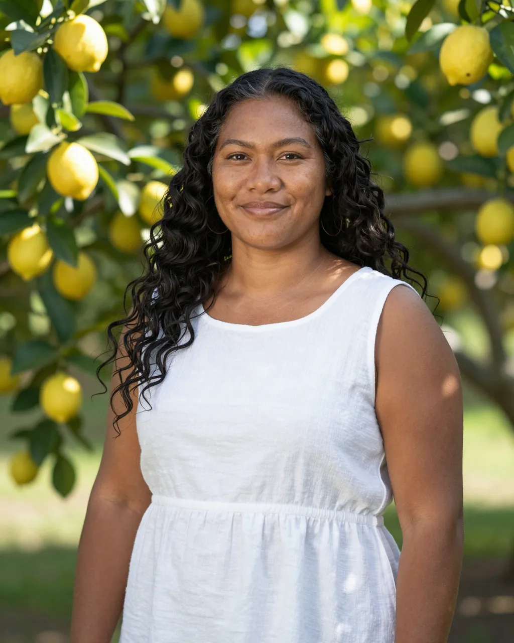 Pacific Islander woman in a white linen dress stands smiling in a sun dappled lemon grove