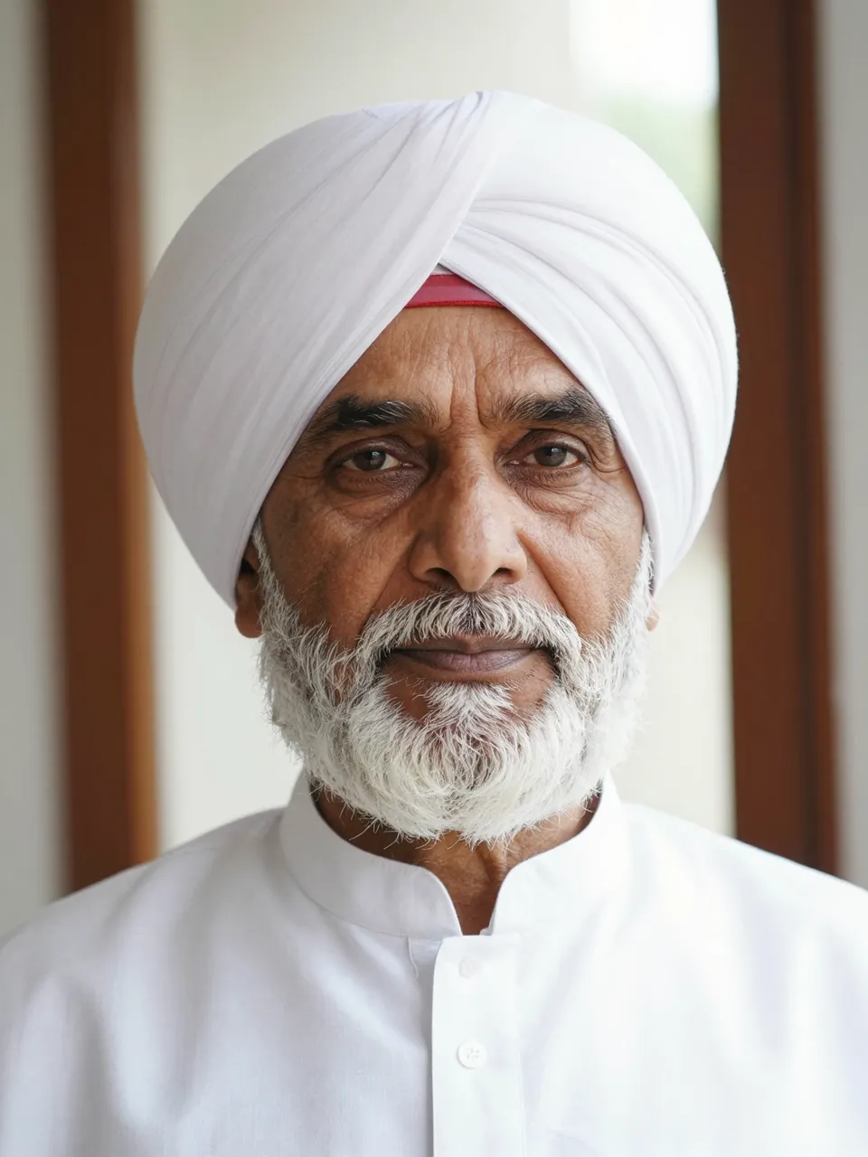Calm portrait of an elderly South Asian man with a white turban and beard lit by soft window light