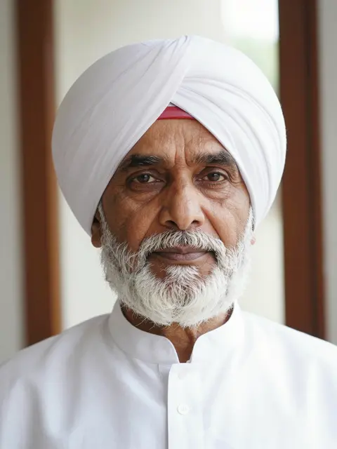 Calm portrait of an elderly South Asian man with a white turban and beard lit by soft window light