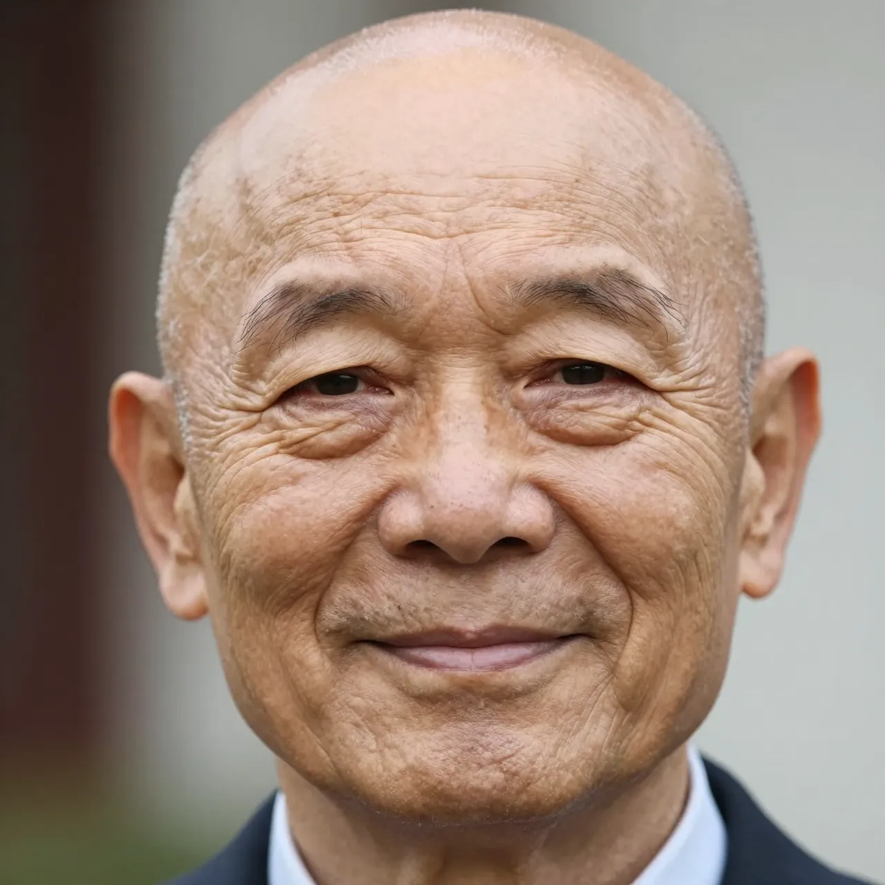 Close-up portrait of a bald elderly East Asian man with a gentle warm smile.