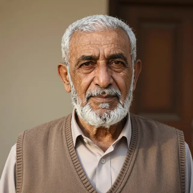 Close-up portrait of an elderly Middle Eastern man with white hair and beard wearing a knit vest in warm soft light