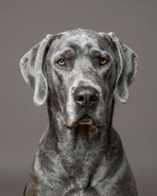 Head and upper body portrait of a slate gray Great Dane with amber eyes facing the camera against a taupe backdrop