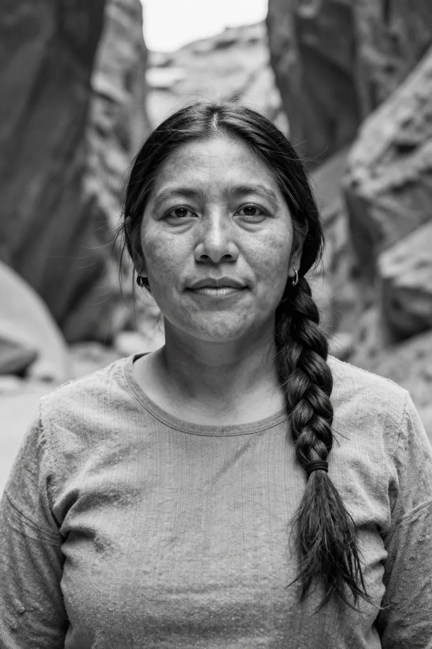 Black and white portrait of an Indigenous woman in her forties with a long braid, standing in a rocky canyon
