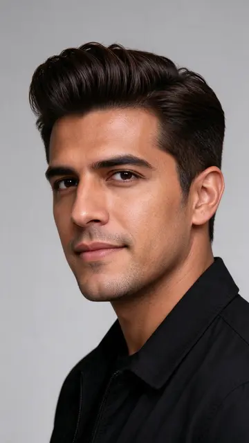 Studio headshot of a Latino man in his thirties with a voluminous pompadour and black jacket looking toward the camera
