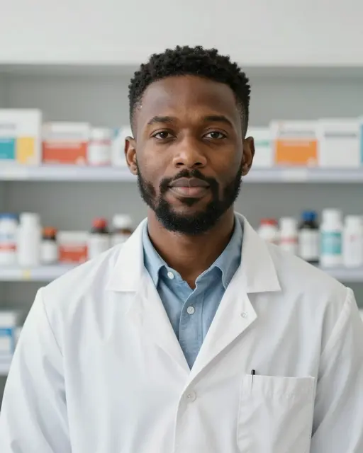 A Black man in his thirties wearing a white lab coat stands in front of blurred pharmacy medicine shelves looking at the