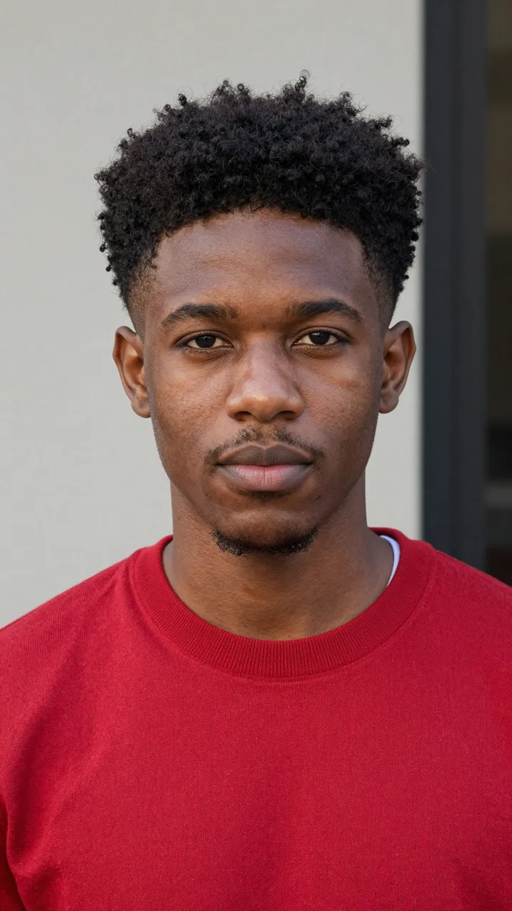 Headshot portrait of a Black man in his late twenties with curly faded hair wearing a plain red sweater