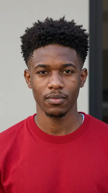 Headshot portrait of a Black man in his late twenties with curly faded hair wearing a plain red sweater