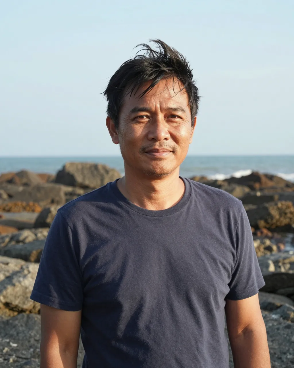 Middle aged Southeast Asian man with wind tousled hair stands on a rocky ocean coastline in bright afternoon sunlight