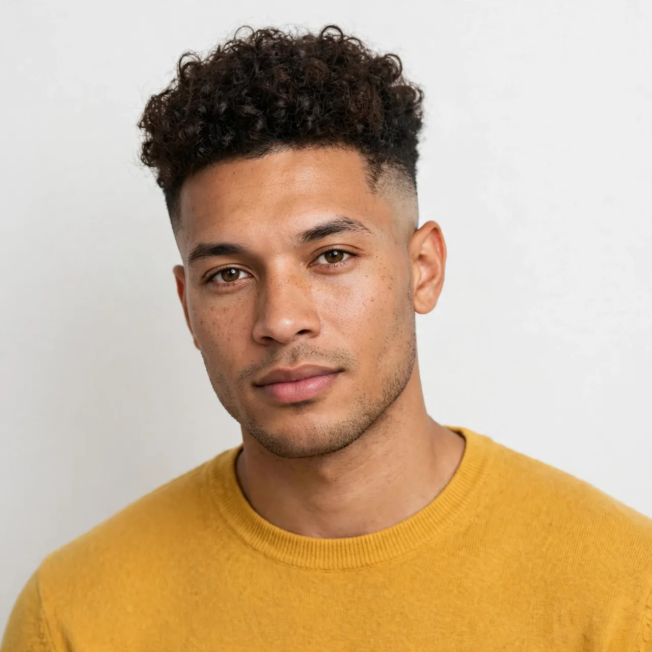 Studio headshot of a mixed-race man in his late twenties wearing a mustard yellow sweater, looking at the camera