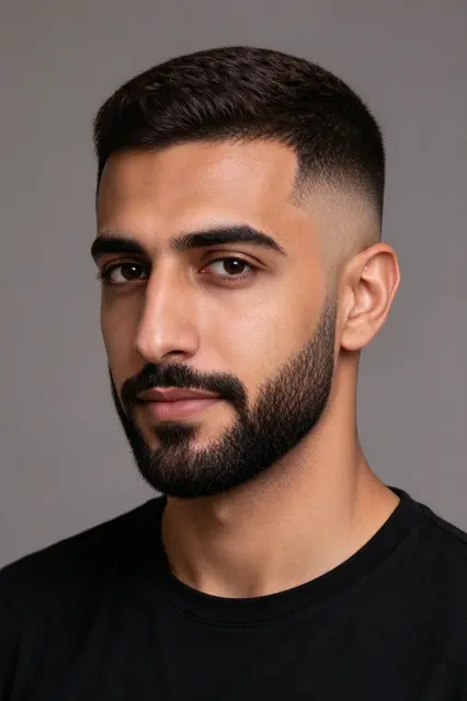 Three-quarter studio portrait of a bearded Middle Eastern man in a black crewneck against a warm grey backdrop
