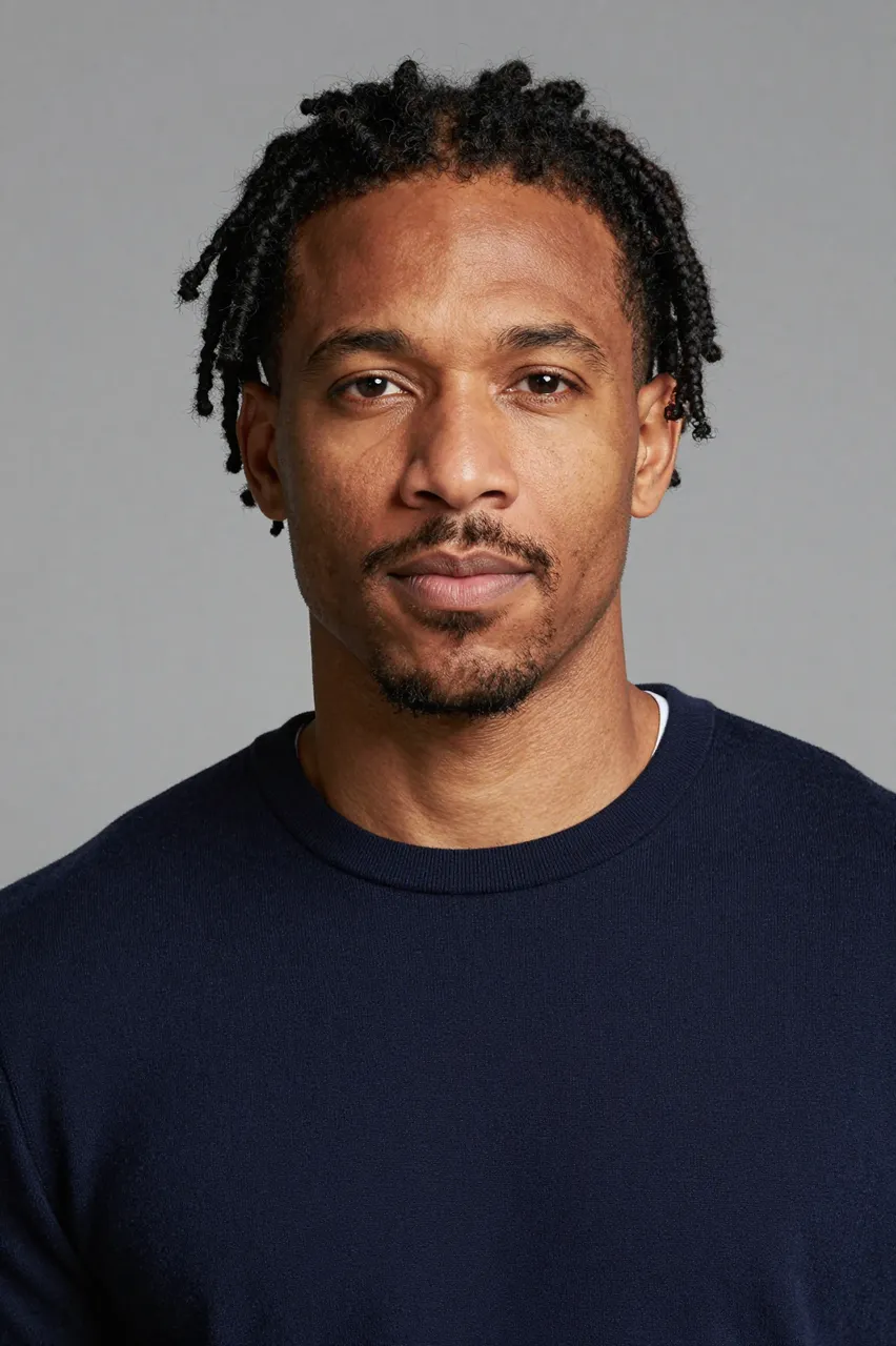 Headshot portrait of a mixed-race man in his thirties with short starter locs wearing a navy sweater against a soft grey