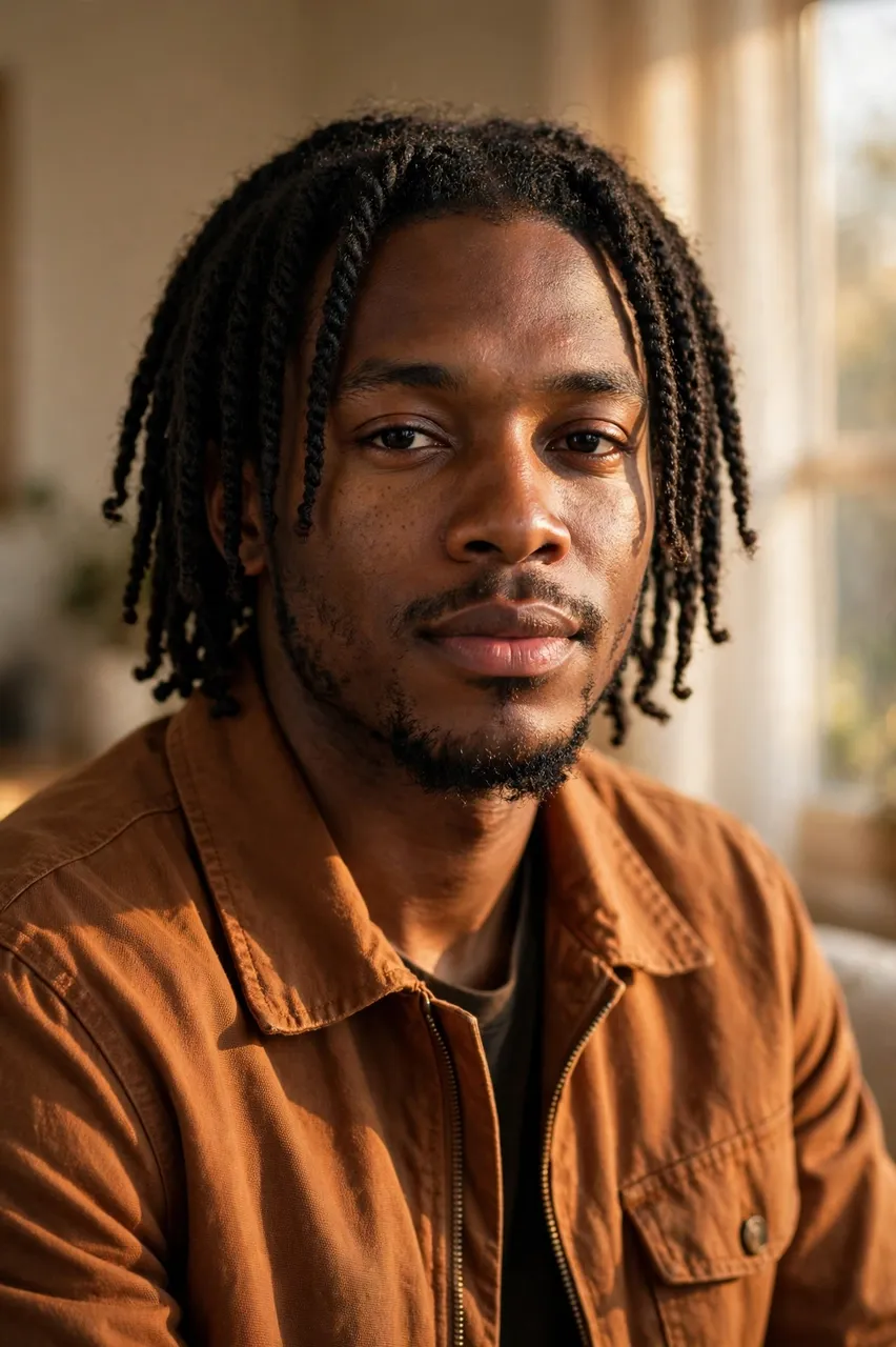 A close-up portrait of a late twenties Black man with chin-length two-strand twists, lit by warm window light while wearing