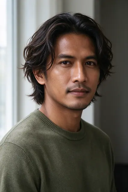 Headshot portrait of a Southeast Asian man in an olive knit sweater lit by soft window light.