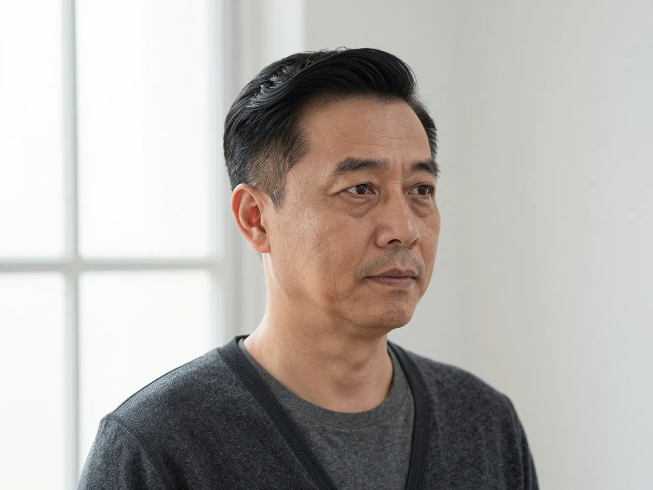 Bust shot of a sixties East Asian man with a side part, wearing a charcoal cardigan beside a sunlit window